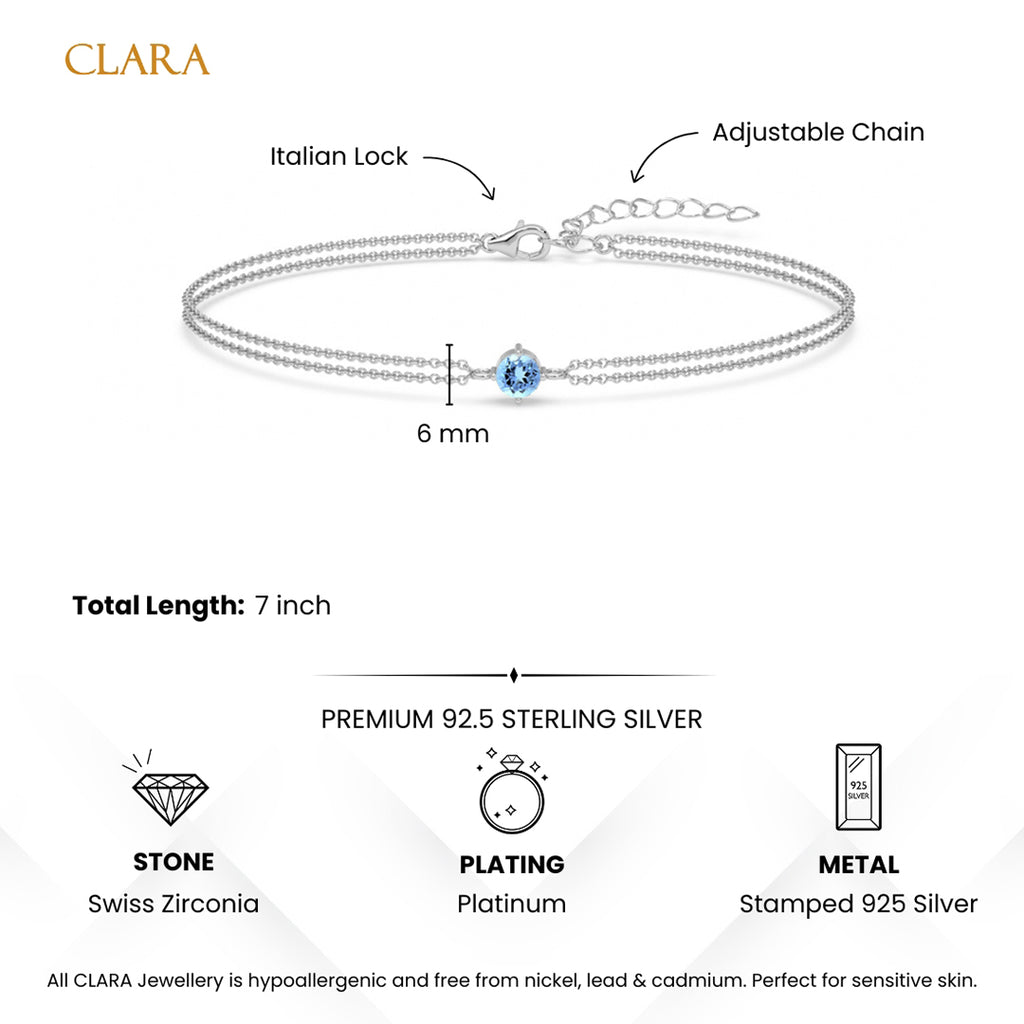 Silver Sky Blue Solitaire Double Chain Bracelet