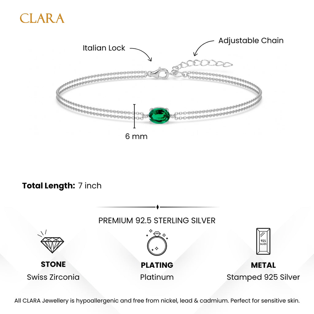 Silver Green Solitaire Double Chain Bracelet