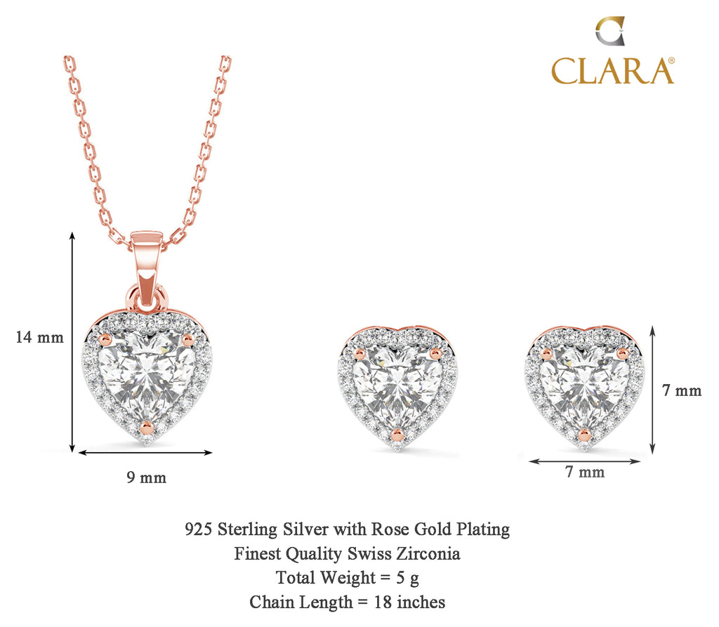CLARA 925 Sterling Silver Heart Solitaire Pendant Earring Chain Jewellery Set 