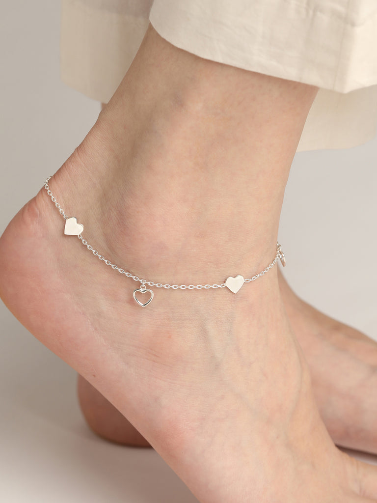 CLARA 925 Sterling Silver Heart Anklet Payal (Single ) Adjustable Chain Gift for Women and Girls