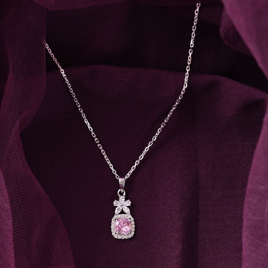 Silver Nera Pink Cushion Solitaire Pendant Chain