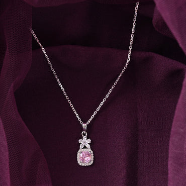 Silver Nera Pink Cushion Solitaire Pendant Chain 