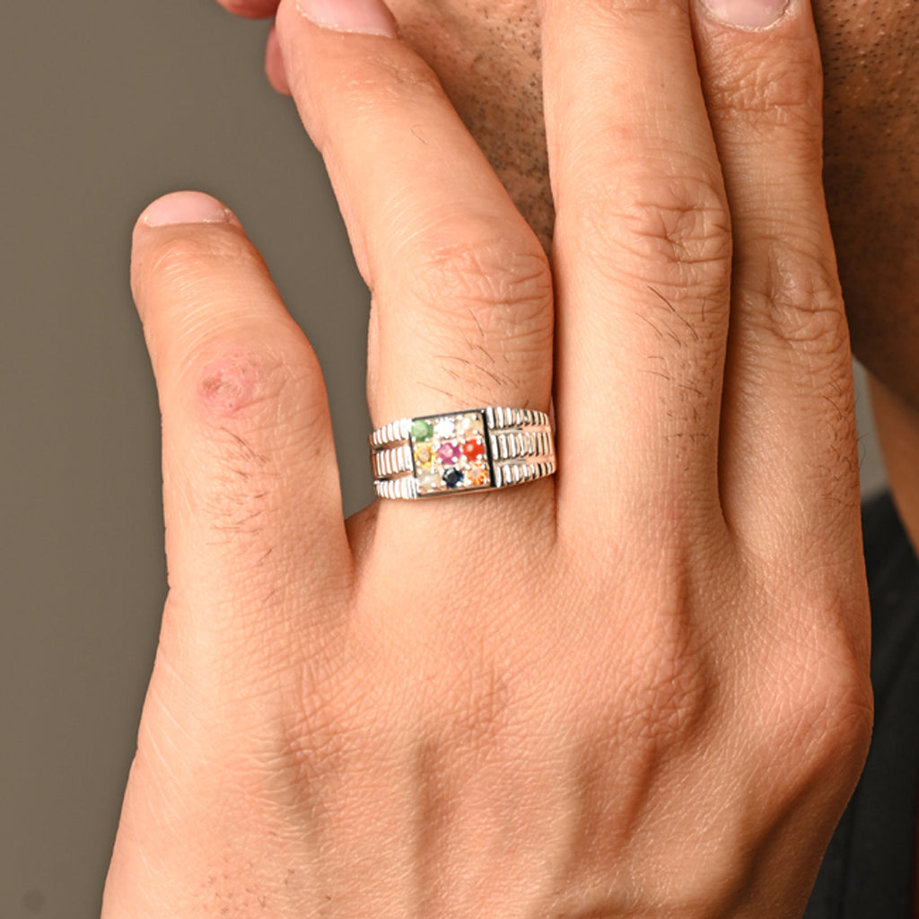 Silver Natural Certified Navaratna Stone Original gems Ring for Men and Boys