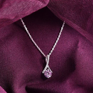 Silver Pink Solitaire Pendant Chain Necklace