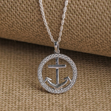 CLARA 925 Sterling Silver Anchor Halo Pendant Chain Necklace 