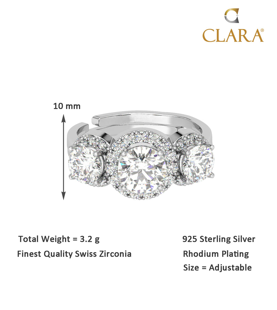 CLARA Pure 925 Sterling Silver Solitaire Wedding Finger Ring with Adjustable Band 