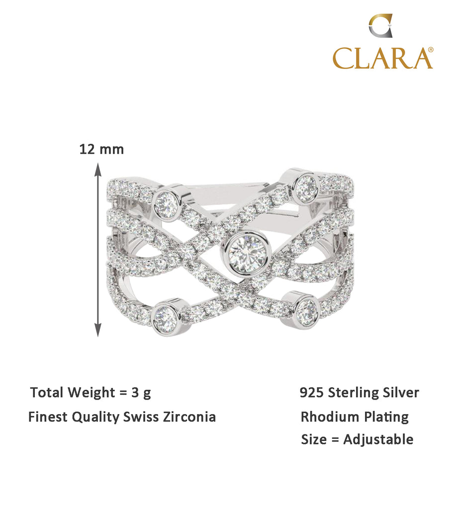 CLARA Pure 925 Sterling Silver Designer Finger Ring with Adjustable Band 