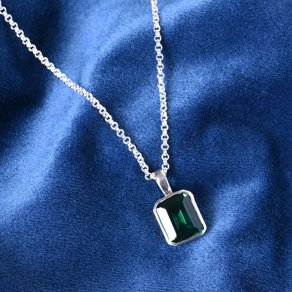 Silver Green Solitaire Men Pendant Necklace with Chain or without Chain