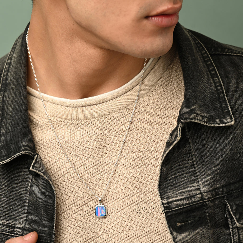 Silver Created Opal Men Pendant Necklace with Chain or without Chain