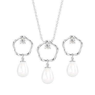 CLARA 925 Sterling Silver Pearl Sara Pendant Earring Chain Jewellery Set | Rhodium Plated, Swiss Zirconia | Gift for Women & Girls