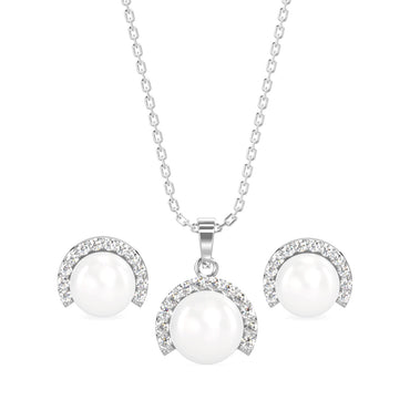 CLARA 925 Sterling Silver Real Pearl Riko Pendant Earring Chain Jewellery Set | Rhodium Plated, Swiss Zirconia | Gift for Women & Girls