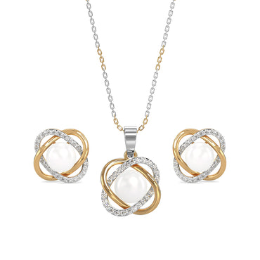 CLARA 925 Sterling Silver Real Pearl Knot Pendant Earring Chain Jewellery Set | Gold Rhodium Plated | Gift for Women & Girls