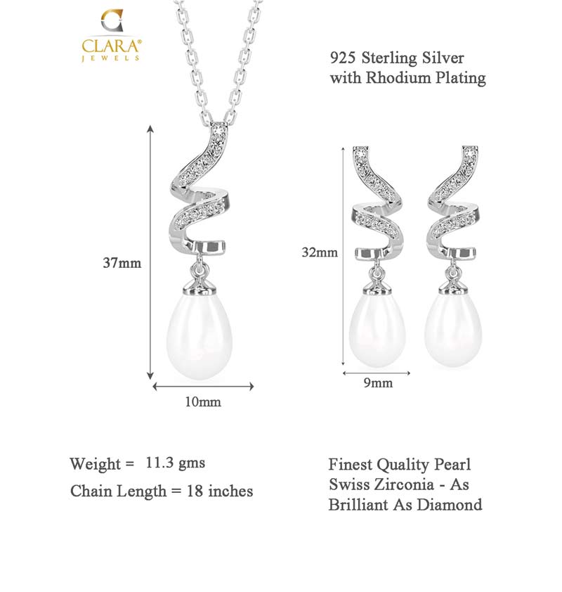 Clara 925 Sterling Silver Pearl Twist Pendant Earring Chain Jewellery Set, Rhodium Plated, Swiss Zirconia, Gift for Women & Girls