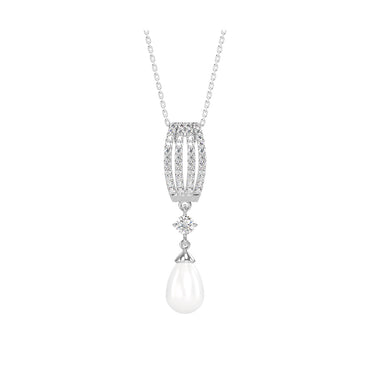 CLARA 925 Sterling Silver Pearl Queen Pendant With Chain Necklace | Rhodium Plated, Swiss Zirconia | Gift for Women & Girls