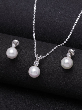 Clara 92.5 Sterling Silver Classic Pearl Pendant Earrings Set with Chain Jewellery Set Gift for Women and Girls