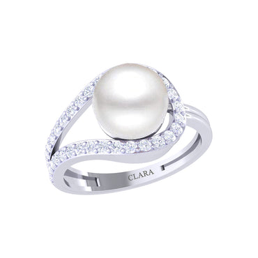 Clara 92.5 Sterling Silver Diamond Cut Zirconia Real Pearl Ring Gift for Women and Girls
