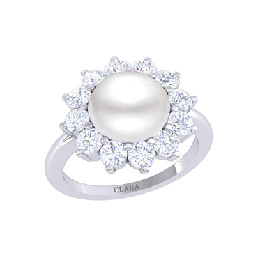 Clara 92.5 Sterling Silver Diamond Cut Zirconia Real Pearl Ring Gift for Women and Girls