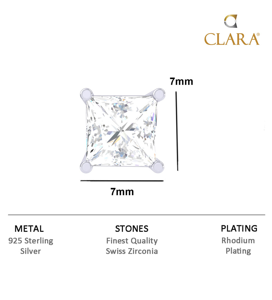 CLARA 925 Sterling Silver Square Solitaire 7 mm Stud Men Earring Gift for Men & Boys 1 Piece