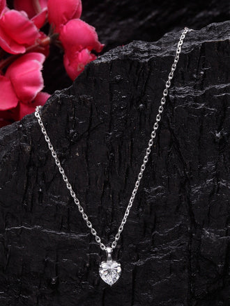 Clara 92.5 Sterling silver White Gold Plated Heart Solitaire Pendant Chain Necklace For Women & Girls