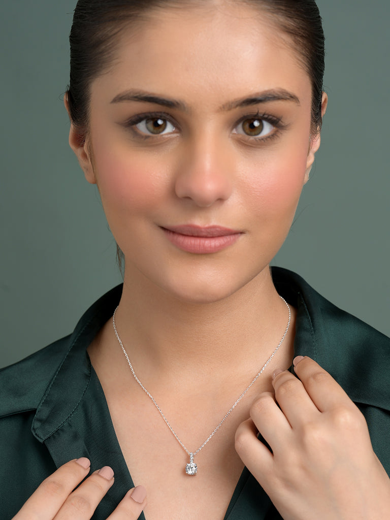 Silver Round Brilliant Solitaire Pendant Chain Necklace