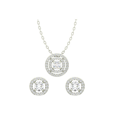 CLARA 925 Sterling Silver Rhodium Plated Halo Pendant Earring Necklace Set with Chain Gift for Women and Girls
