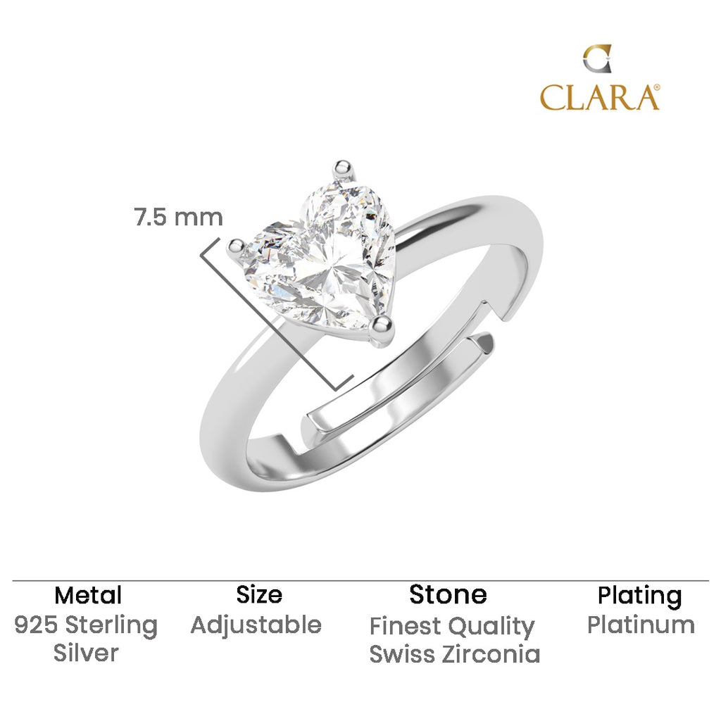 CLARA 925 Sterling Silver Size Adjustable Orla Classic Heart Solitaire Ring