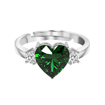 CLARA 925 Sterling Silver Dark Green Heart Ring with Adjustable Band | Rhodium Plated, Swiss Zirconia | Gift for Women & Girls