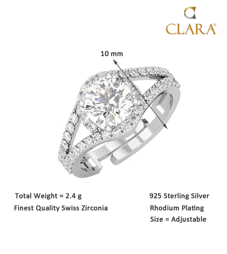 CLARA Pure 925 Sterling Silver Engagement Solitaire Finger Ring with Adjustable Band 