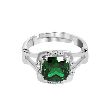 CLARA 925 Sterling Silver Dark Green Cushion Ring with Adjustable Band | Rhodium Plated, Swiss Zirconia | Gift for Women & Girls