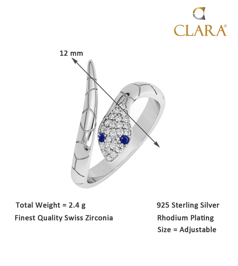 CLARA Pure 925 Sterling Silver Snake Finger Ring with Adjustable Band 