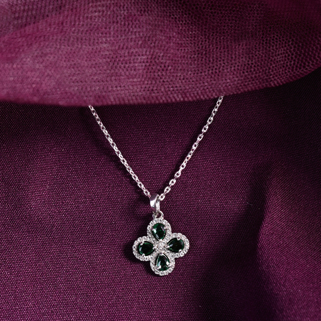 CLARA 925 Sterling Silver Green Flower Pendant Chain Necklace 