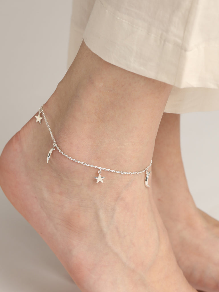 CLARA 925 Sterling Silver Moon & Star Anklet Payal ( Single ) Adjustable Chain Gift for Women and Girls
