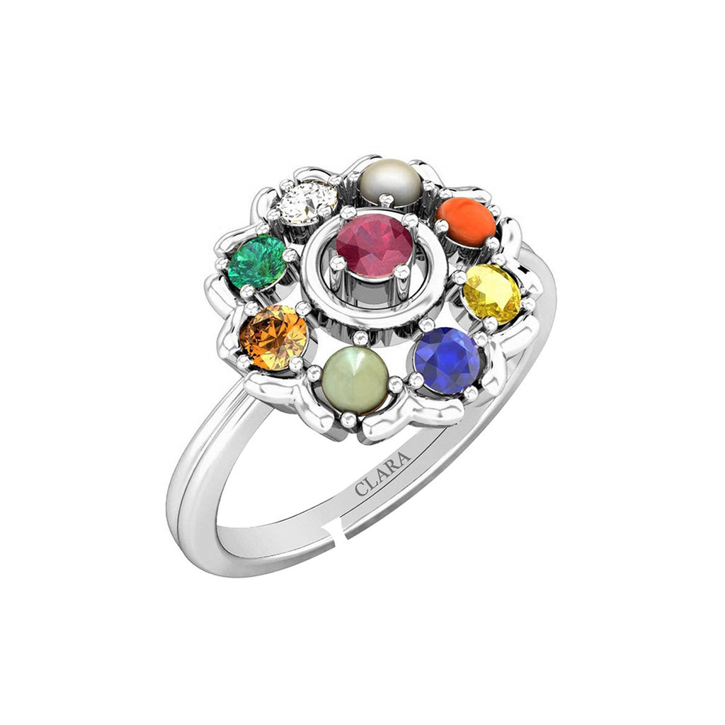 Clara 92.5 Sterling Silver Natural Certified Navaratna Stone Original Nine gems Adjustable Ring for Women and Girls