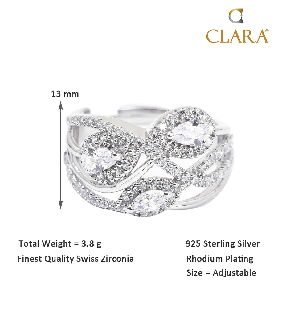 CLARA Pure 925 Sterling Silver Cocktail Finger Ring with Adjustable Band 