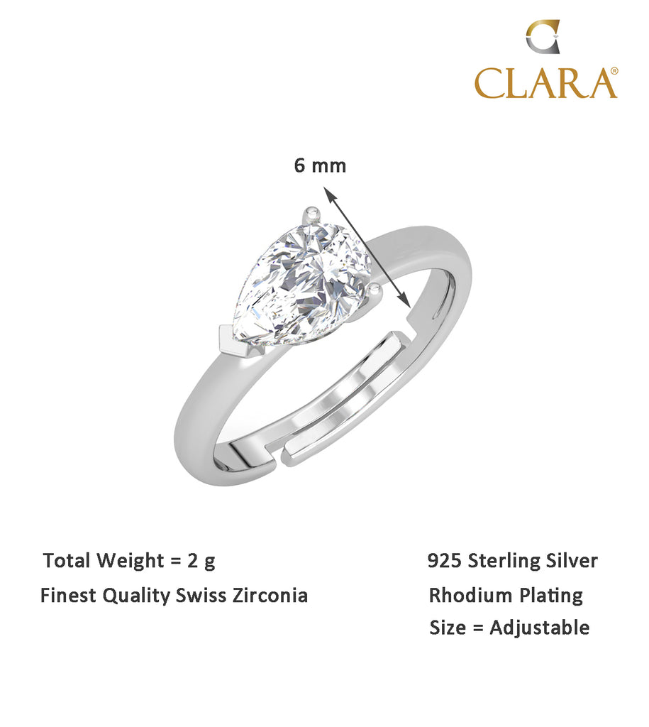 CLARA Pure 925 Sterling Silver Pear Classic Finger Ring with Adjustable Band 