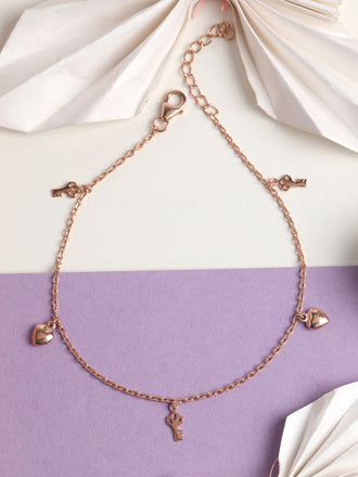 CLARA 925 Sterling Silver Heart & Key Anklet Payal ( Single ) Adjustable Chain, Rose Gold Plated Gift for Women and Girls