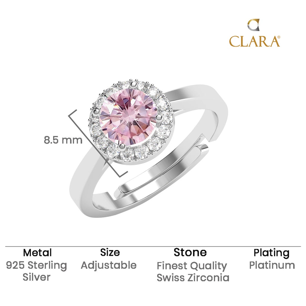 CLARA 925 Sterling Silver Size Adjustable Vega Pink Solitaire Halo Ring