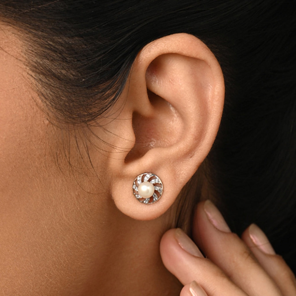 Silver Damsa Real Pearl Stud Earrings