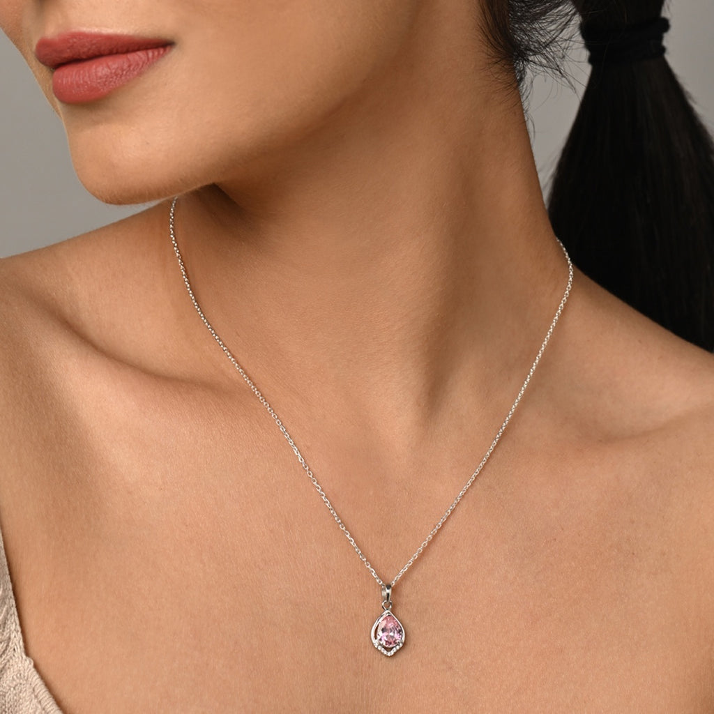 Silver Jino Pink Pear Solitaire Pendant Chain