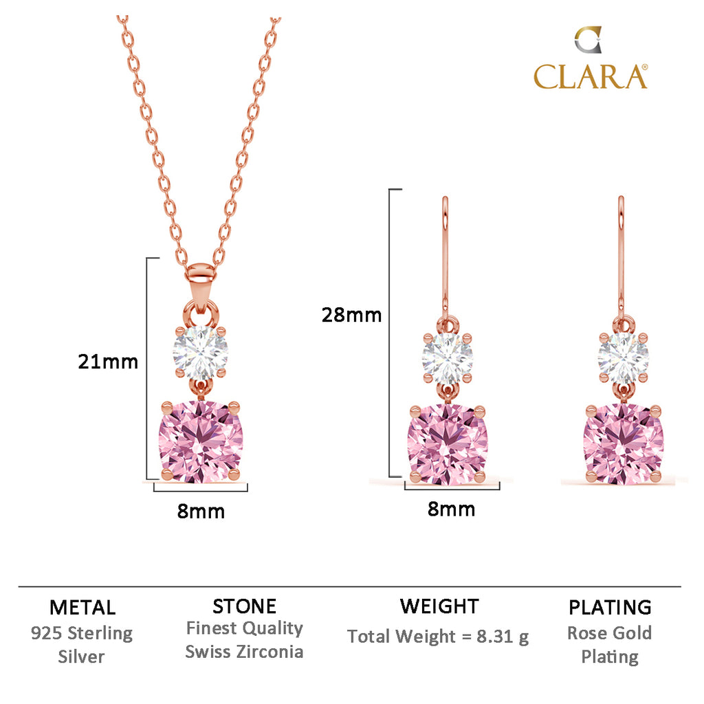 CLARA 925 Sterling Silver Rosa Pendant Earring Chain Jewellery Set Rose Gold Plated, Swiss Zirconia Gift for Women & Girls