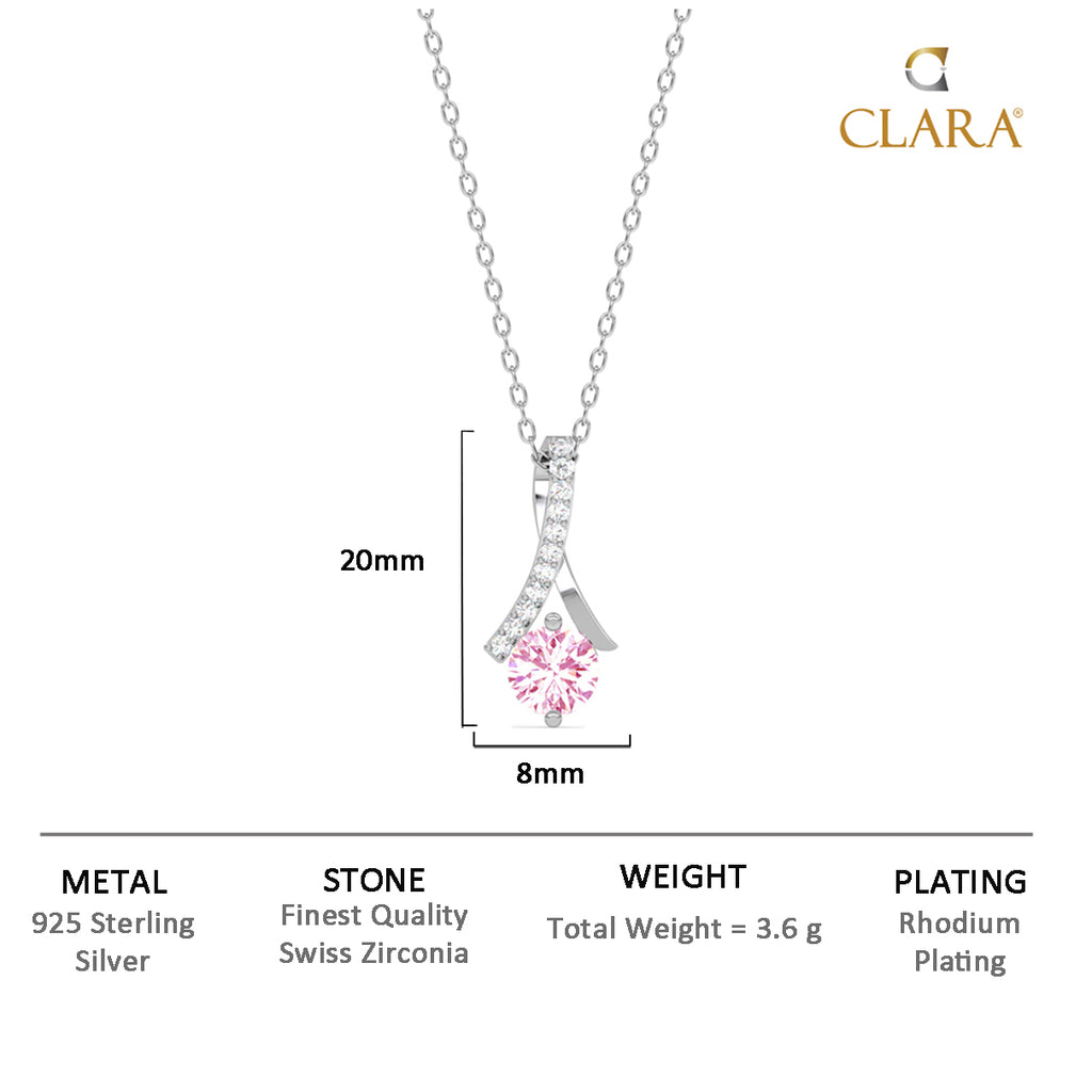 CLARA 925 Sterling Silver Pink Solitaire Pendant Chain Necklace Rhodium Plated, Swiss Zirconia Gift for Women and Girls