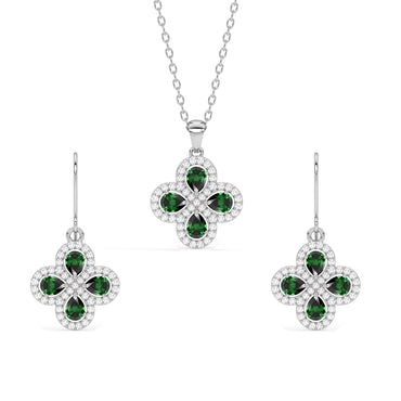 CLARA 925 Sterling Silver Green Flower Pendant Earring Chain Jewellery Set 