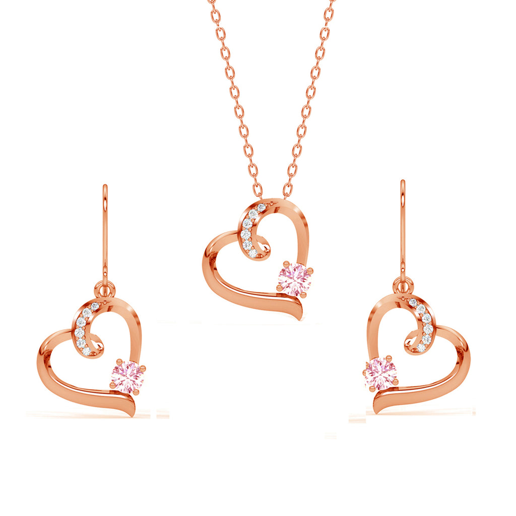 CLARA 925 Sterling Silver Pink Heart Pendant Earring Chain Jewellery Set Rose Gold Plated, Swiss Zirconia Gift for Women & Girls