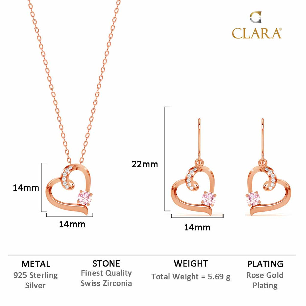 CLARA 925 Sterling Silver Pink Heart Pendant Earring Chain Jewellery Set Rose Gold Plated, Swiss Zirconia Gift for Women & Girls