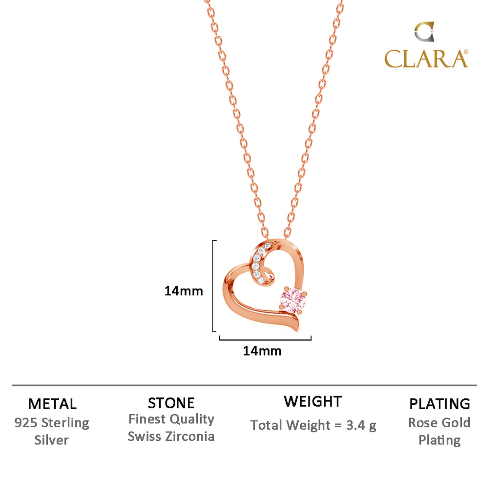 CLARA 925 Sterling Silver Pink Heart Pendant Chain Necklace Rose Gold Plated, Swiss Zirconia Gift for Women and Girls