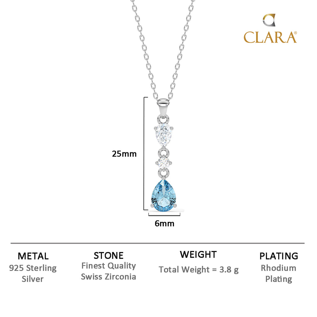 CLARA 925 Sterling Silver Pear Solitaire Pendant Chain Necklace Rhodium Plated, Swiss Zirconia Gift for Women and Girls