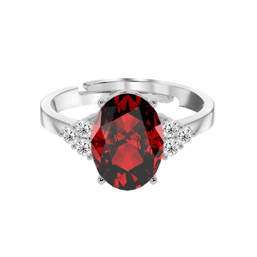 CLARA 925 Sterling Silver Blood Red Oval Ring with Adjustable Band | Rhodium Plated, Swiss Zirconia | Gift for Women & Girls