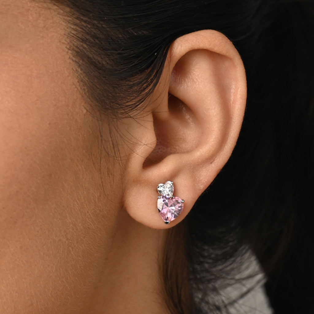 Silver Two Hearts Dangle Drop Earrings - Main Image