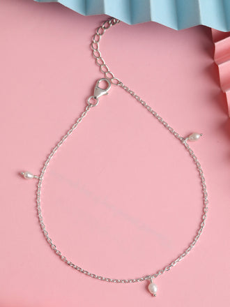 CLARA 925 Sterling Silver Dainty Pearl Anklet Payal ( Single ) Adjustable Chain Gift for Women and Girls