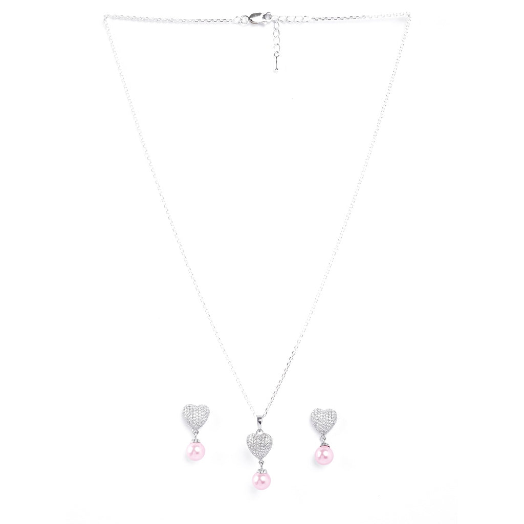 Silver Nazy Pink Pearl Heart Jewellery Set